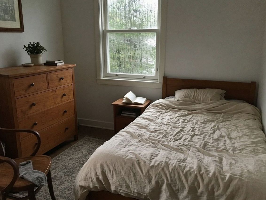 Rumpled cream duvet and a paperback on the nightstand