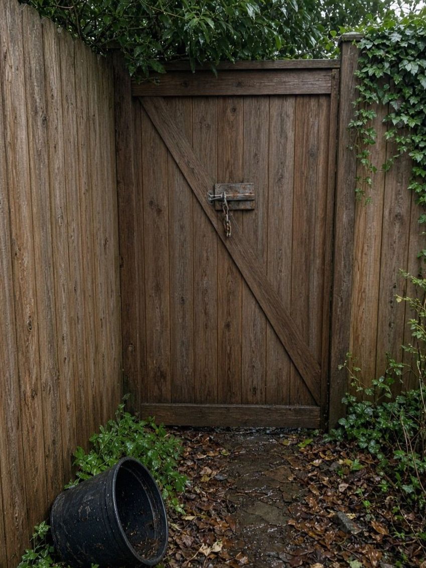 Wooden garden gate with a rusty latch after rain