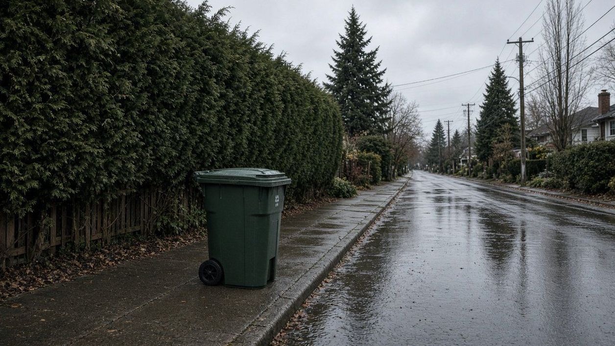 Wet Dunbar sidewalk, cedar hedge and a green bin