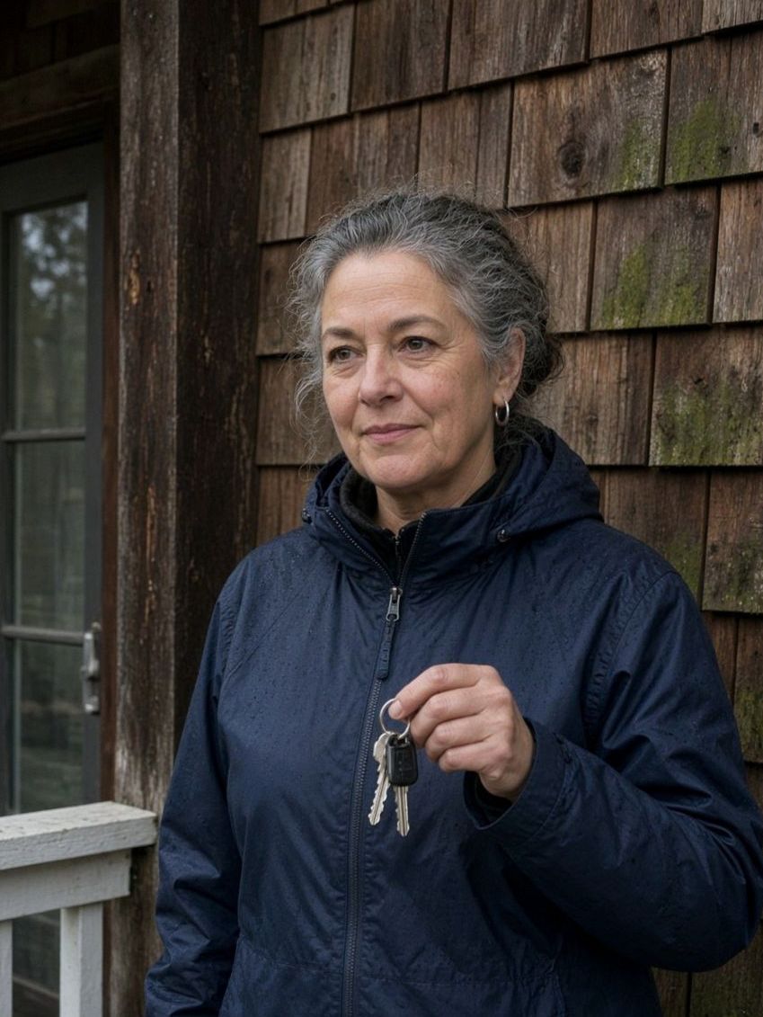 Host on the cedar porch holding house keys