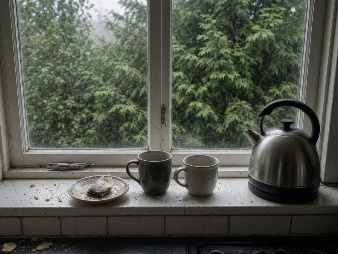 Kettle and two mugs on a kitchen sill facing a hedge