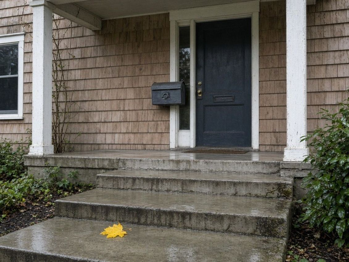 Wet concrete porch steps and cedar shingles after rain