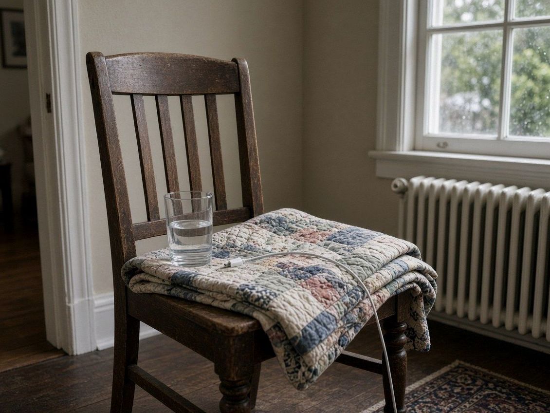 Folded quilt and a glass of water on a wooden chair