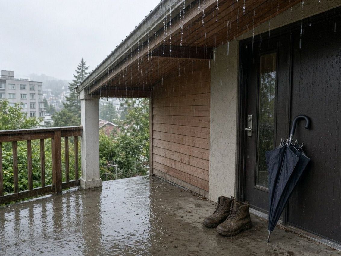 Wet porch boards, muddy shoes and a folded umbrella
