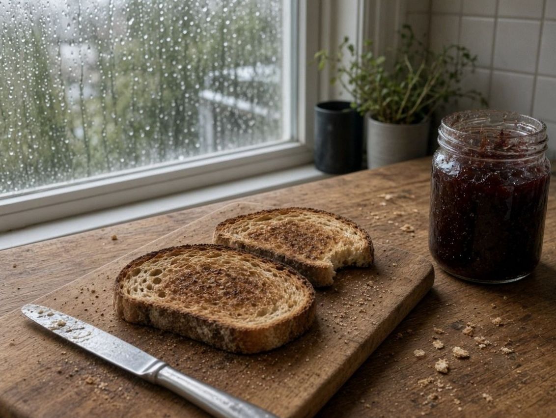 Toast on a wooden board beside a rain-spotted window